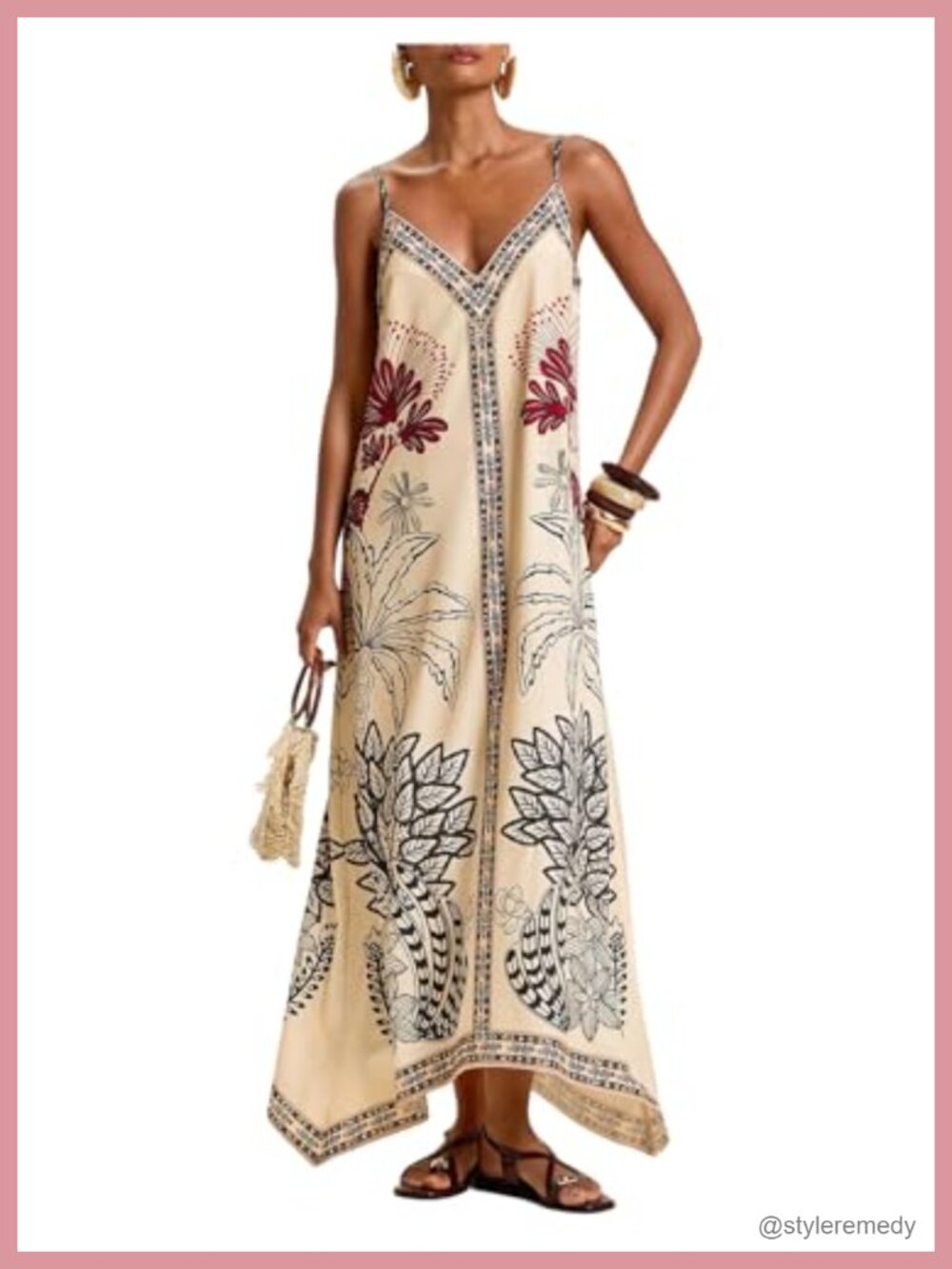Boho Floral Maxi Dress Low Cut Asymmetrical Vacation Sundress